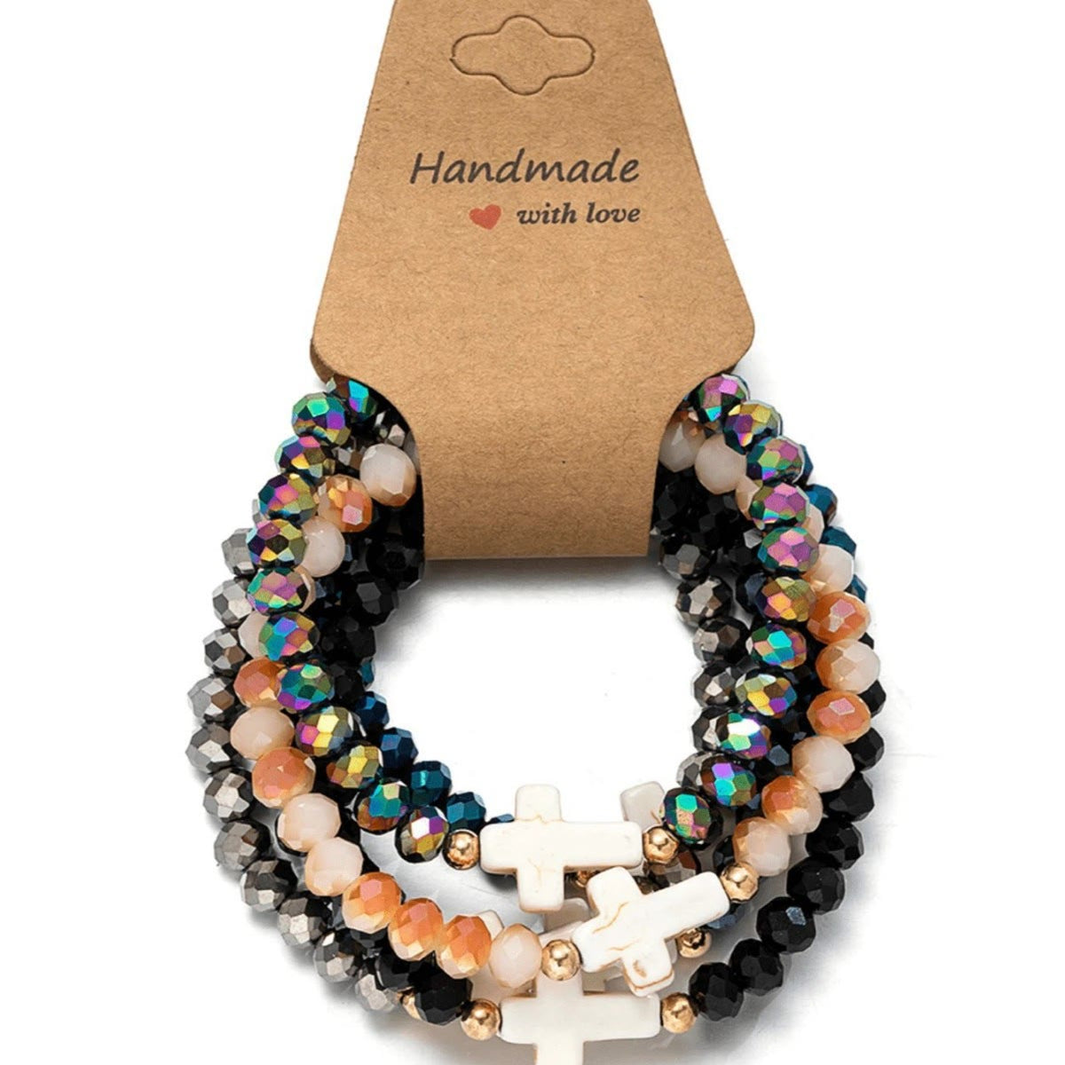 Faceted Crystal, Matte Mineral & Smooth Round Bead Multi-Layer Cross Bracelet Set