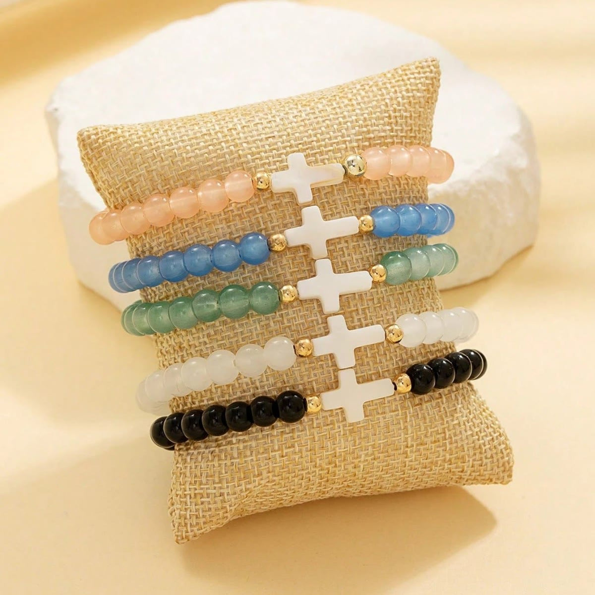 Faceted Crystal, Matte Mineral & Smooth Round Bead Multi-Layer Cross Bracelet Set