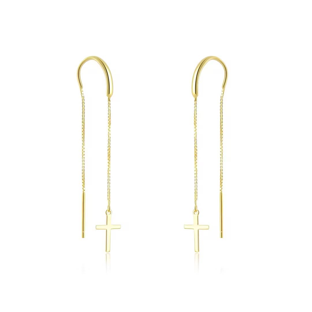 Minimal Bar Accent Long Tassel Threader Earrings with Flat Cross Charm: A Reminder of Divine Grace