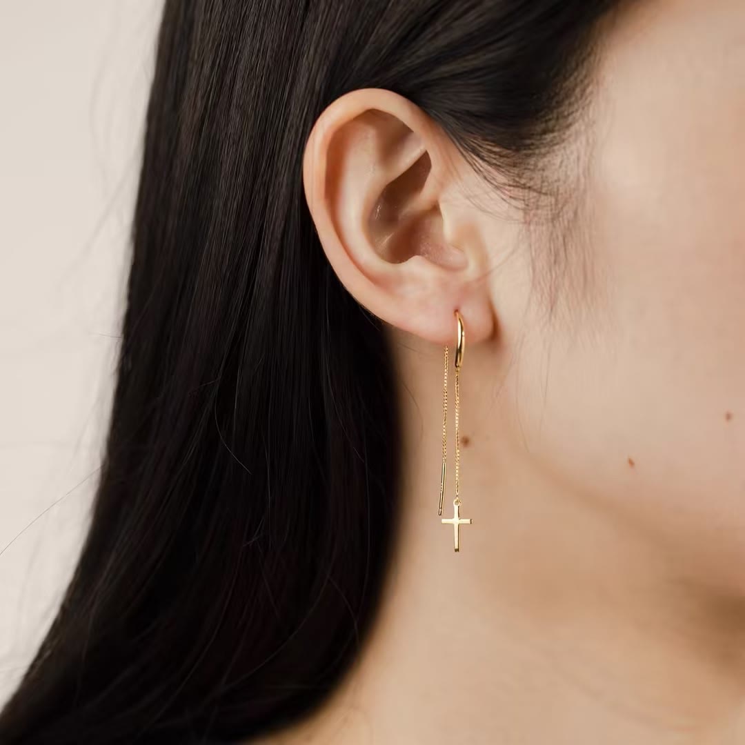Minimal Bar Accent Long Tassel Threader Earrings with Flat Cross Charm: A Reminder of Divine Grace