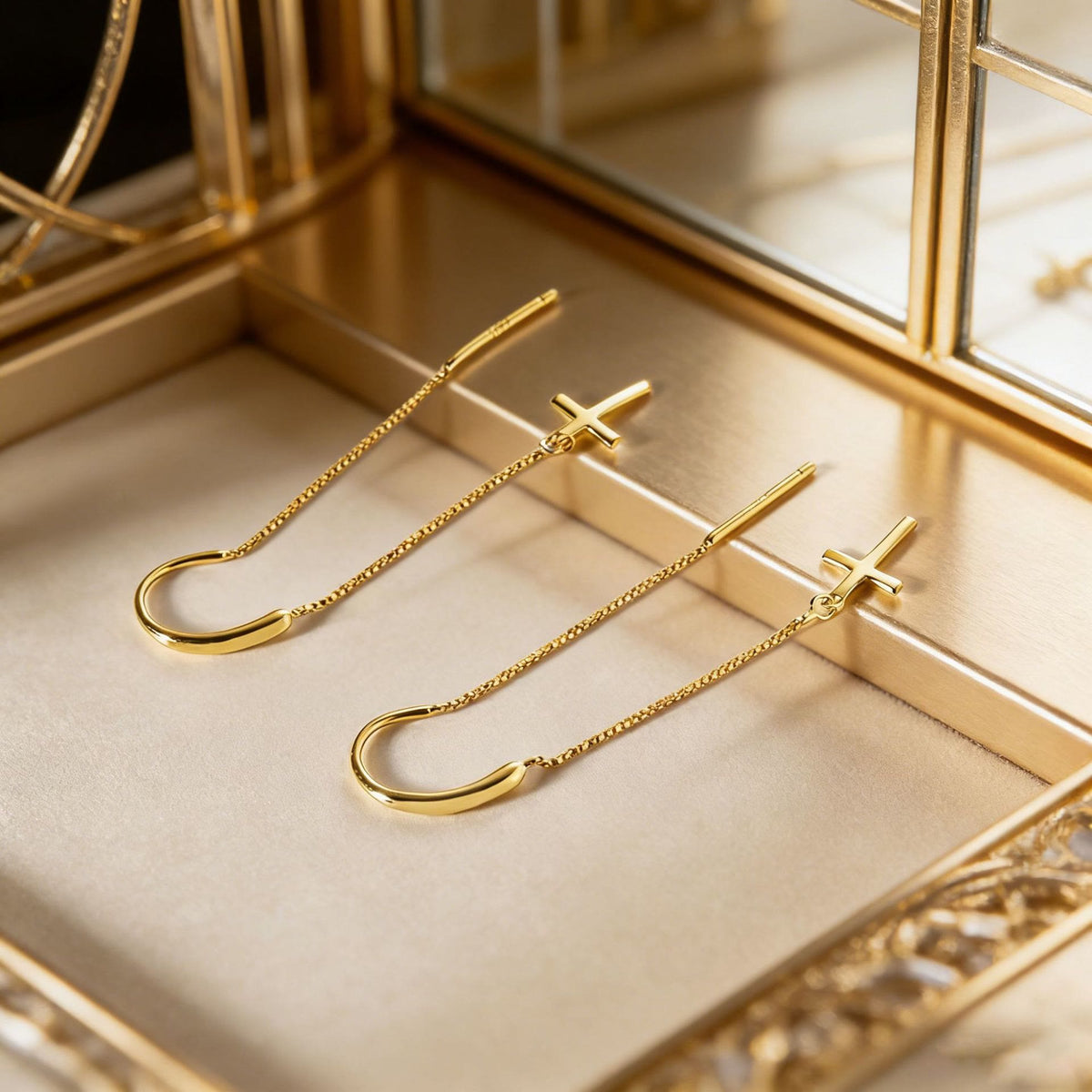 Minimal Bar Accent Long Tassel Threader Earrings with Flat Cross Charm: A Reminder of Divine Grace
