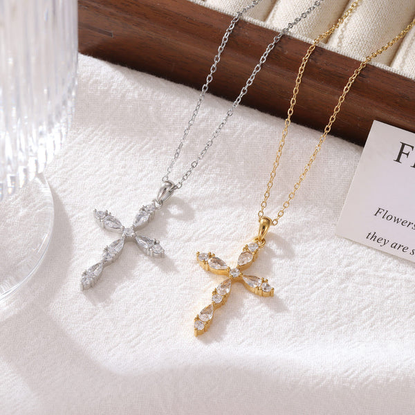 Pear Zircon Inlaid Dual Tone Cross Pendant Necklace: Emblem of Shimmering Gentle Grace