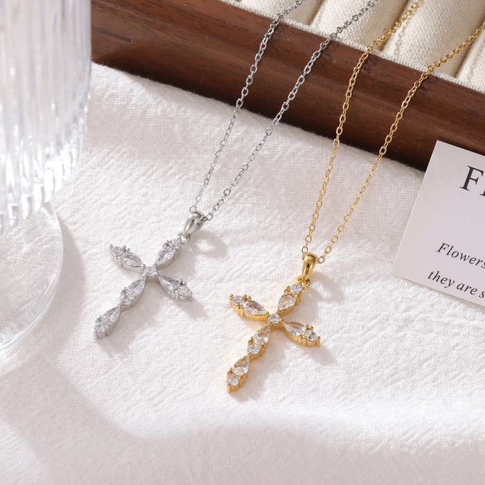 Pear Zircon Inlaid Dual Tone Cross Pendant Necklace: Emblem of Shimmering Gentle Grace