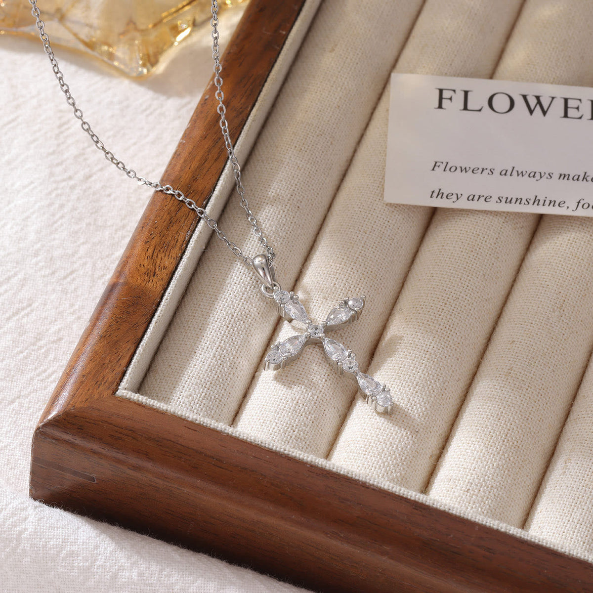 Pear Zircon Inlaid Dual Tone Cross Pendant Necklace: Emblem of Shimmering Gentle Grace