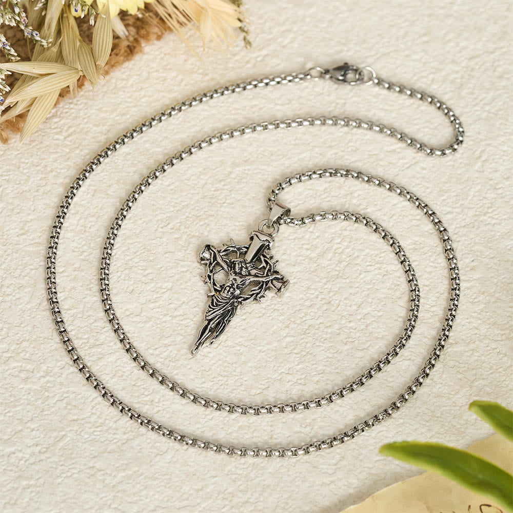 Embossed Thorn Crown Crucifix Box Chain Necklace: Emblem of Sacrifice and Redeeming Mercy