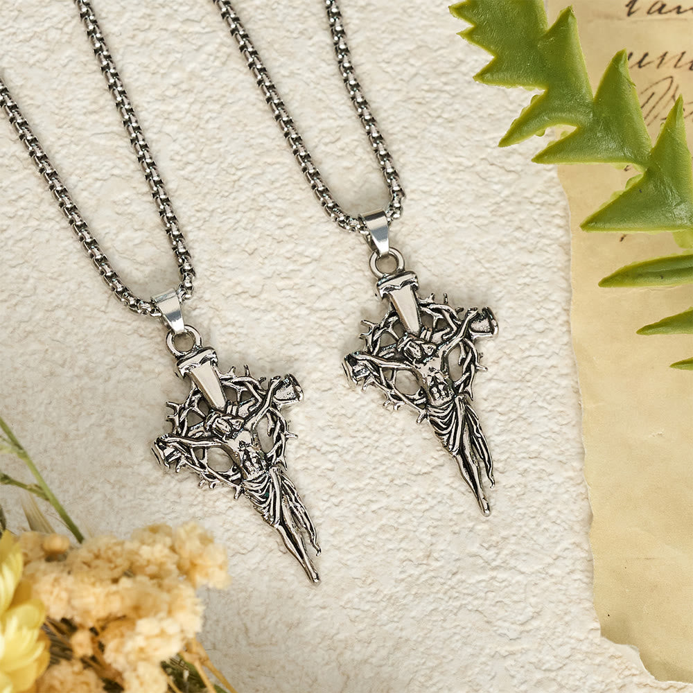 Embossed Thorn Crown Crucifix Box Chain Necklace: Emblem of Sacrifice and Redeeming Mercy