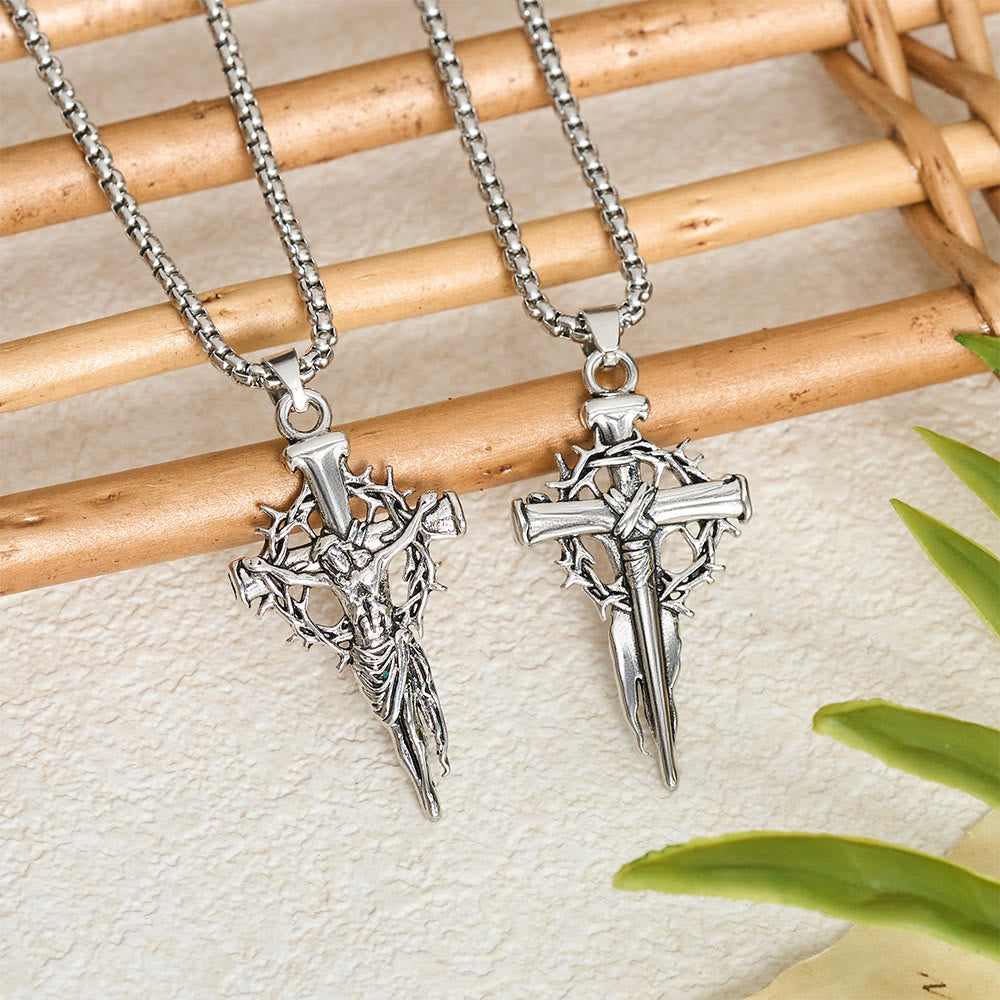 Embossed Thorn Crown Crucifix Box Chain Necklace: Emblem of Sacrifice and Redeeming Mercy