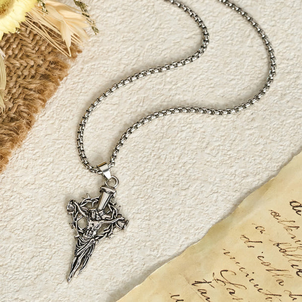 Embossed Thorn Crown Crucifix Box Chain Necklace: Emblem of Sacrifice and Redeeming Mercy