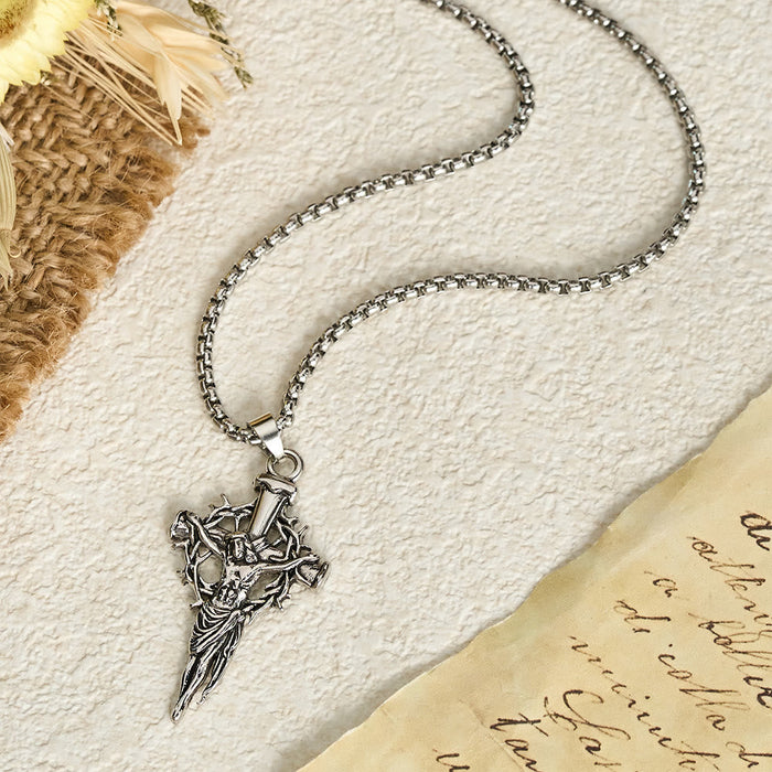 Embossed Thorn Crown Crucifix Box Chain Necklace: Emblem of Sacrifice and Redeeming Mercy