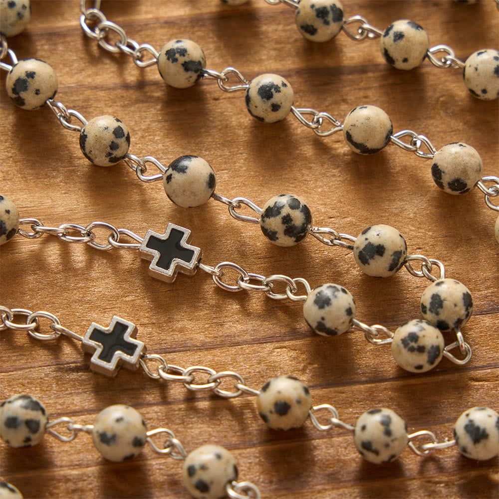 Spotted Natural Stone St.Benedict Crucifix Prayer Rosary: Emblem of Prayerful Protection & Redeeming Mercy