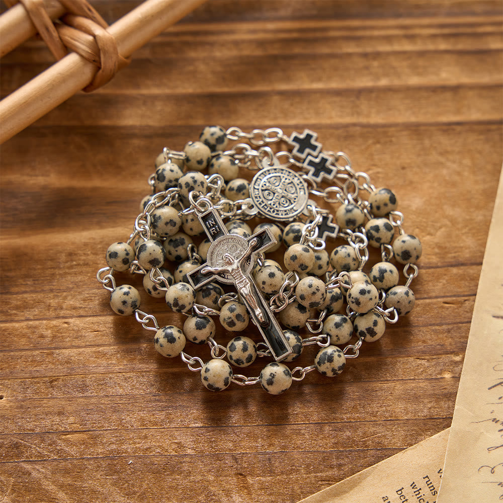 Spotted Natural Stone St.Benedict Crucifix Prayer Rosary: Emblem of Prayerful Protection & Redeeming Mercy