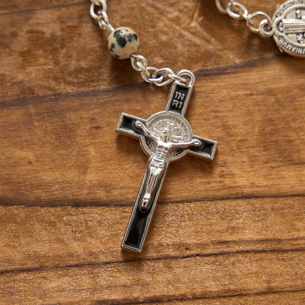 Spotted Natural Stone St.Benedict Crucifix Prayer Rosary: Emblem of Prayerful Protection & Redeeming Mercy