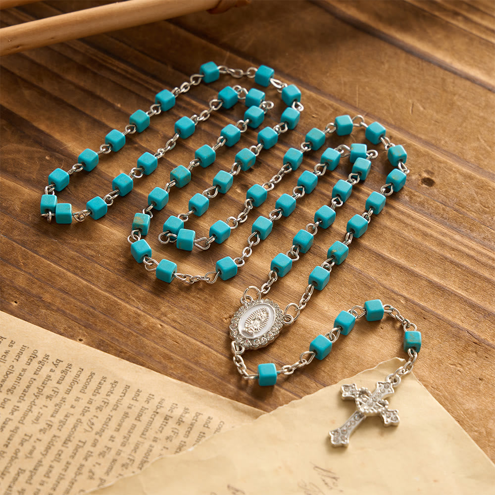 Cube Turquoise Bead Crystal Border Our Lady Prayer Rosary: Emblem of Gentle Heavenly Protection