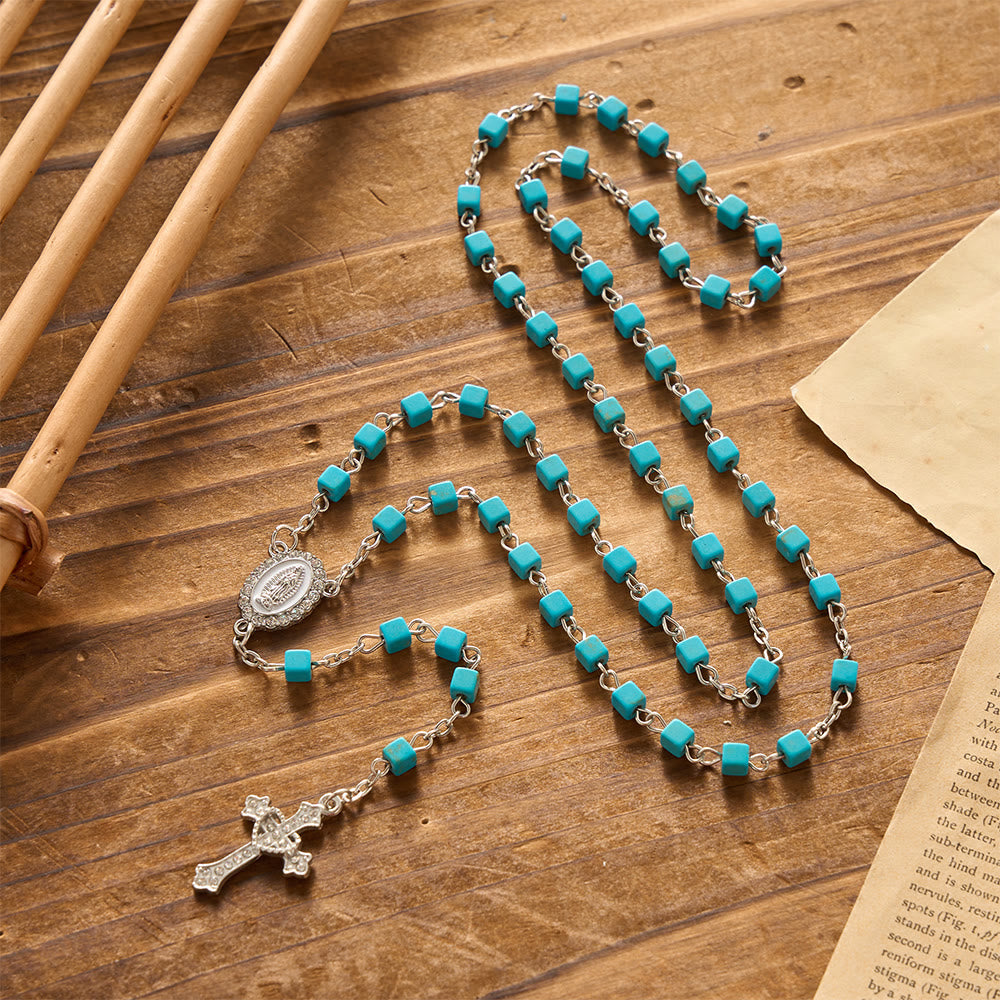 Cube Turquoise Bead Crystal Border Our Lady Prayer Rosary: Emblem of Gentle Heavenly Protection