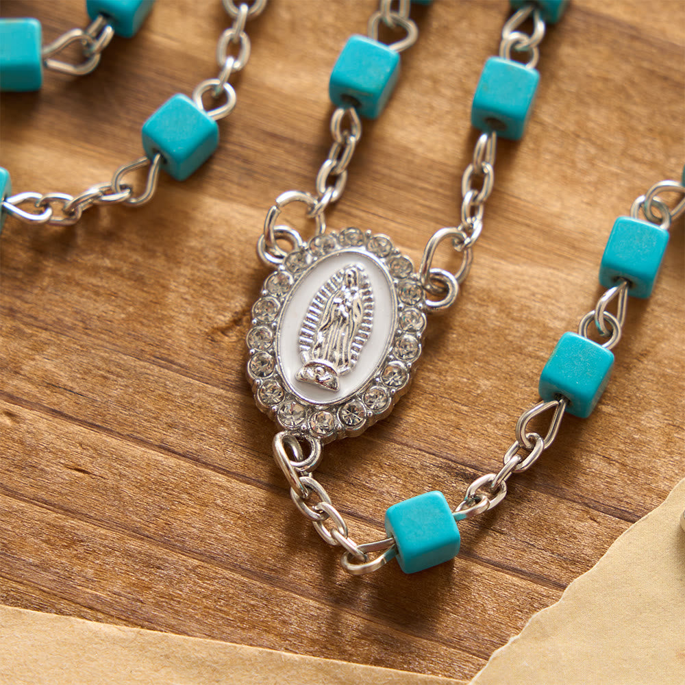 Cube Turquoise Bead Crystal Border Our Lady Prayer Rosary: Emblem of Gentle Heavenly Protection