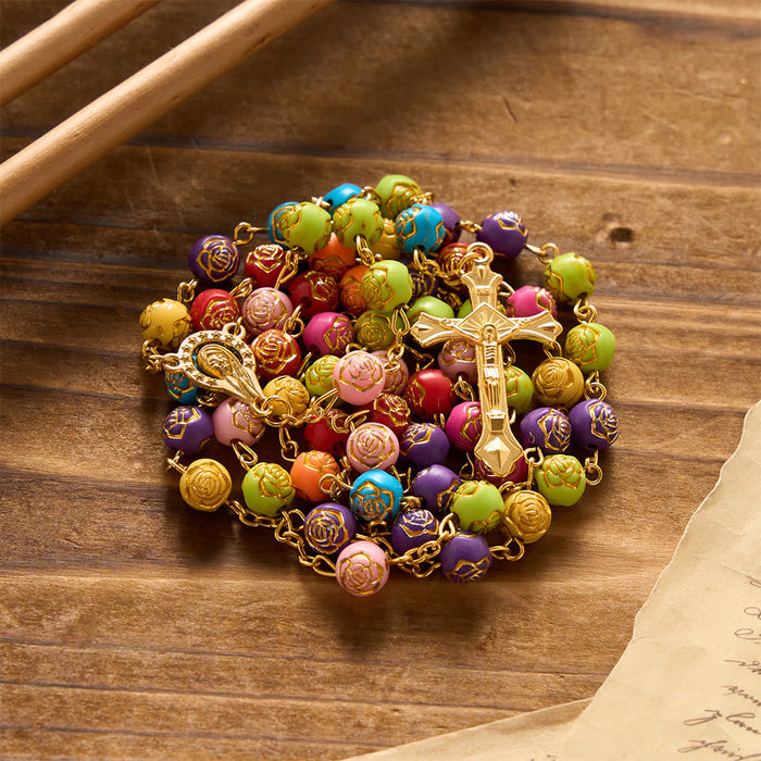 Gilded Embossed Rose Flower Bead Our Lady Crucifix Prayer Rosary: Emblem of Blossoming Divine Mercy