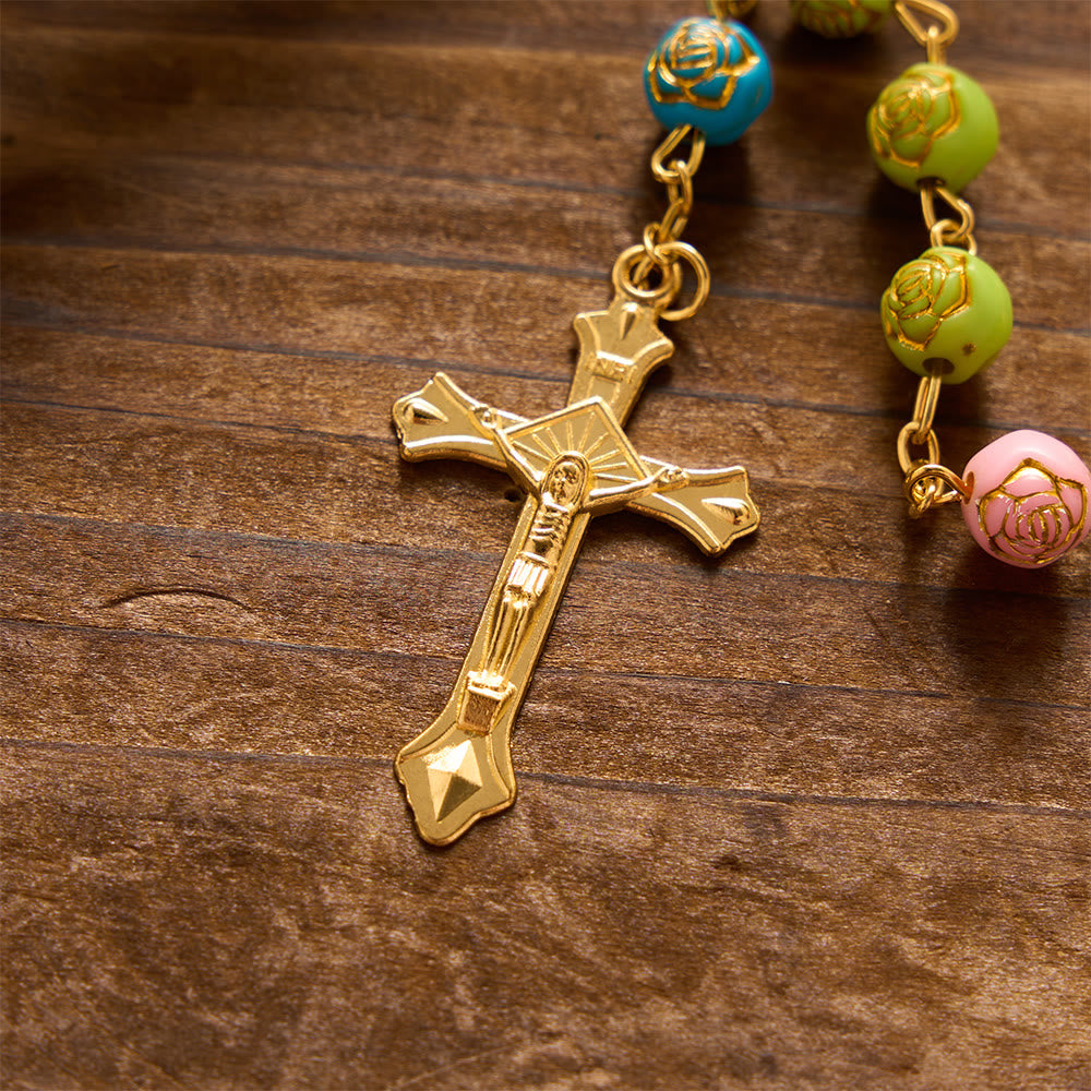 Gilded Embossed Rose Flower Bead Our Lady Crucifix Prayer Rosary: Emblem of Blossoming Divine Mercy