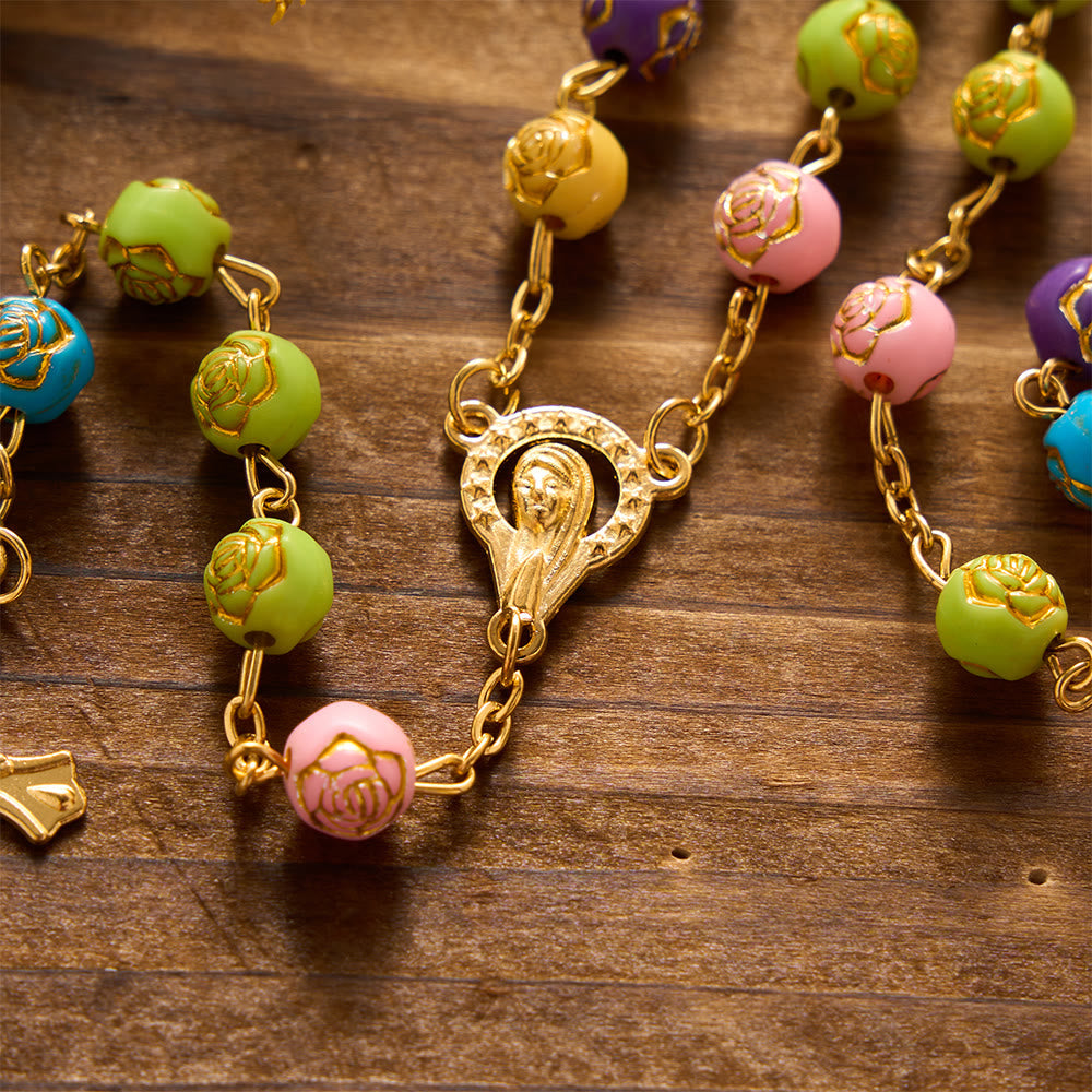 Gilded Embossed Rose Flower Bead Our Lady Crucifix Prayer Rosary: Emblem of Blossoming Divine Mercy