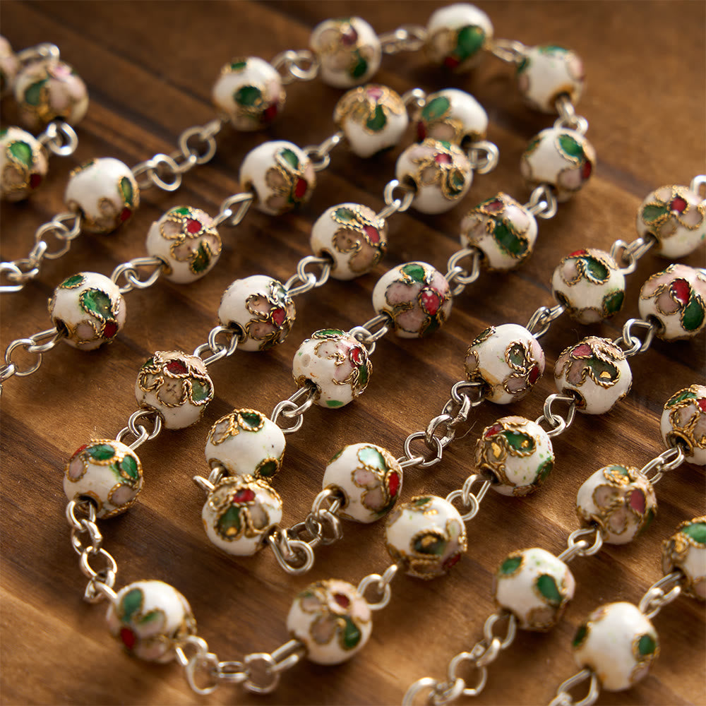 White Floral Cloisonné Jerusalem Cross Crucifix Prayer Rosary: Emblem of Timeless Guarding Divine Grace