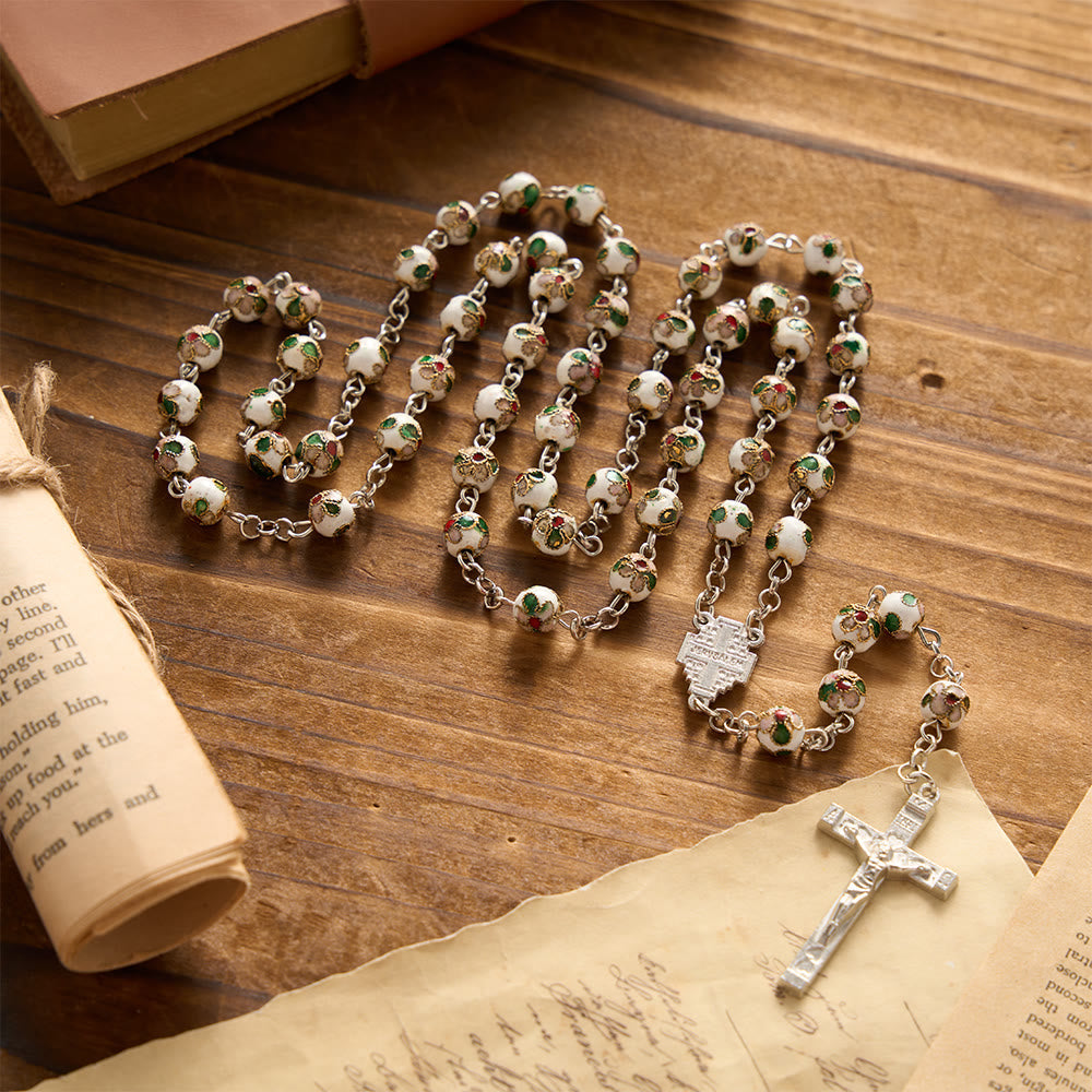 White Floral Cloisonné Jerusalem Cross Crucifix Prayer Rosary: Emblem of Timeless Guarding Divine Grace