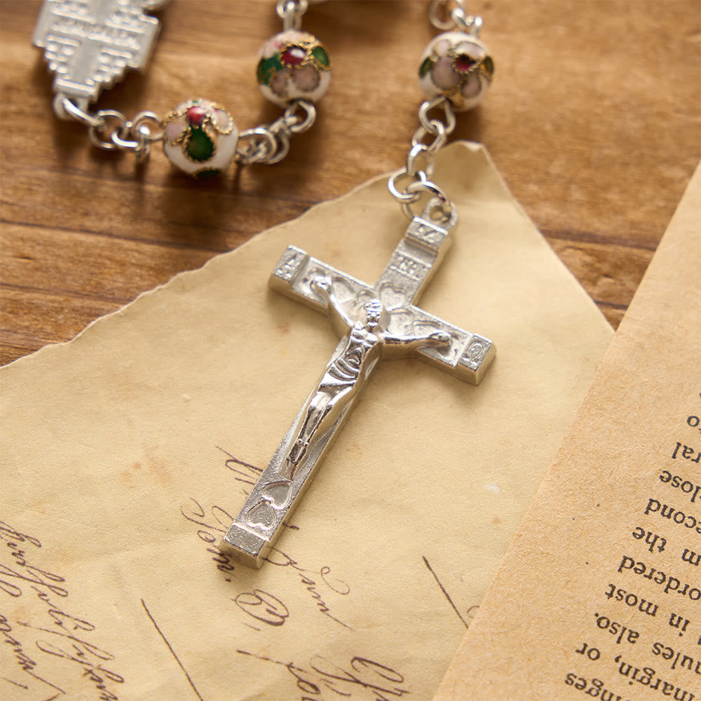 White Floral Cloisonné Jerusalem Cross Crucifix Prayer Rosary: Emblem of Timeless Guarding Divine Grace