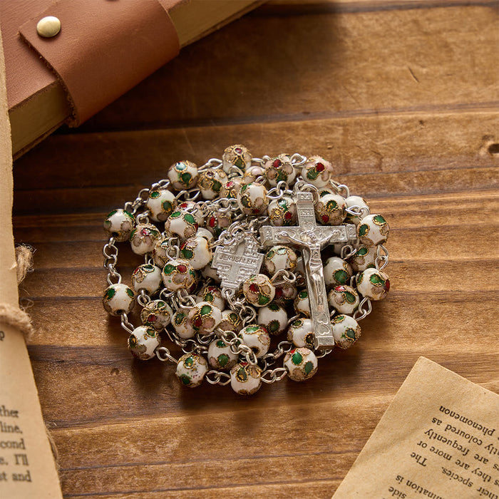 White Floral Cloisonné Jerusalem Cross Crucifix Prayer Rosary: Emblem of Timeless Guarding Divine Grace