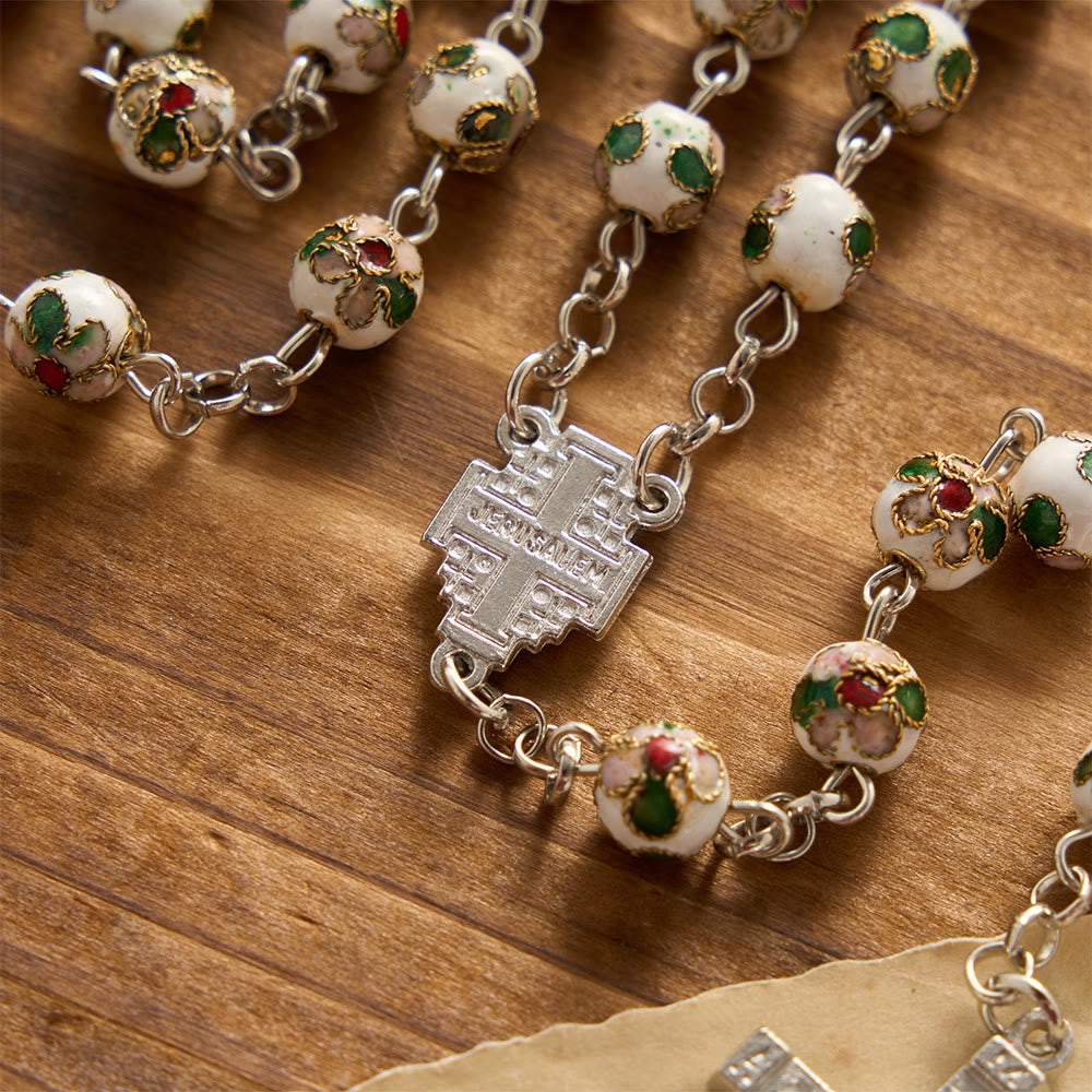 White Floral Cloisonné Jerusalem Cross Crucifix Prayer Rosary: Emblem of Timeless Guarding Divine Grace