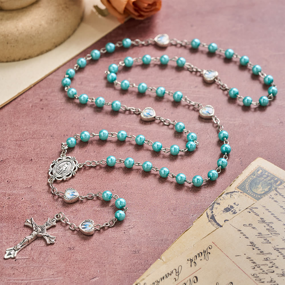 Multi-Tone Glossy Pearlescent Bead Heart Saint Portrait Prayer Rosary: Emblem of Gentle Heavenly Shelter