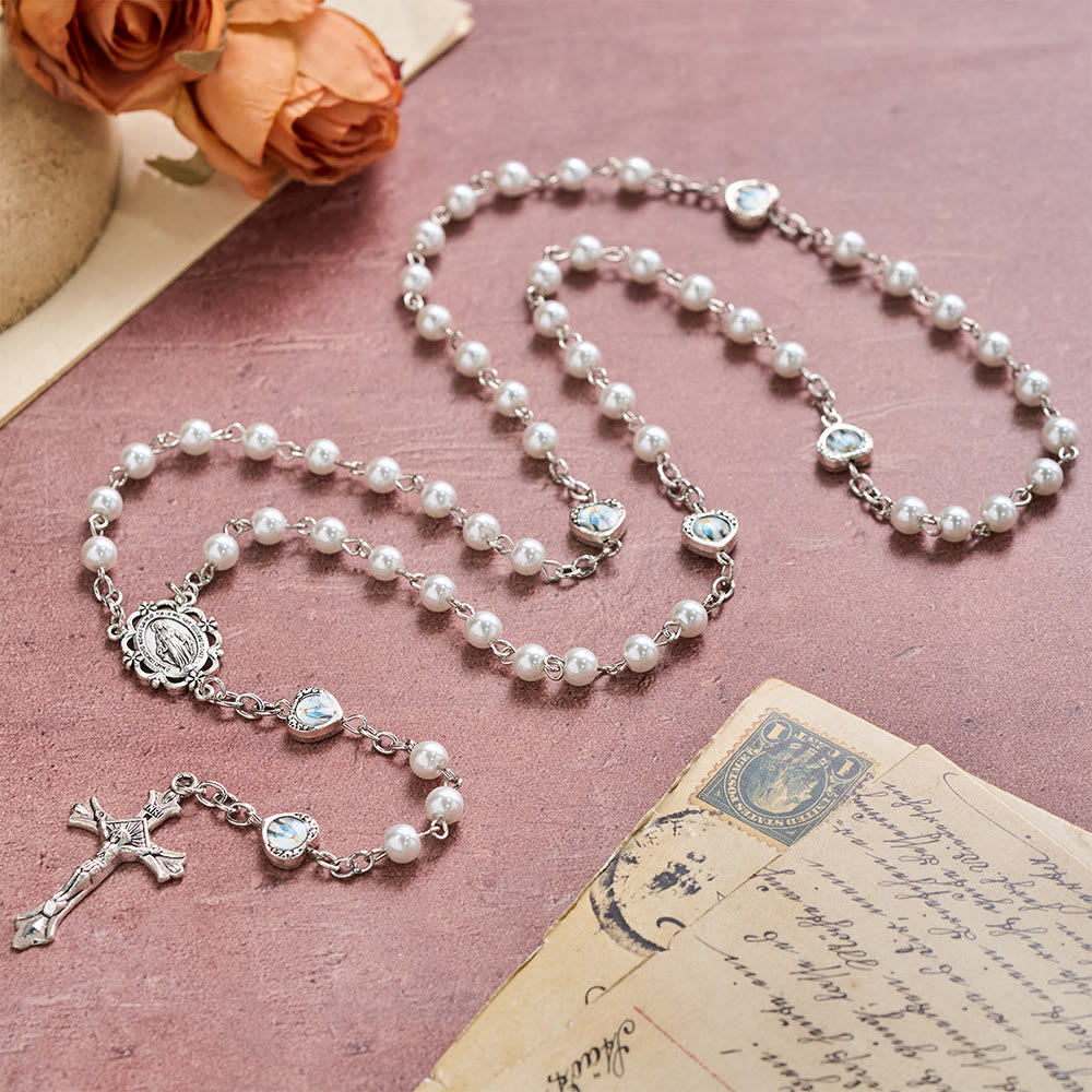 Multi-Tone Glossy Pearlescent Bead Heart Saint Portrait Prayer Rosary: Emblem of Gentle Heavenly Shelter