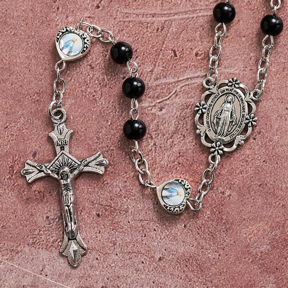 Multi-Tone Glossy Pearlescent Bead Heart Saint Portrait Prayer Rosary: Emblem of Gentle Heavenly Shelter