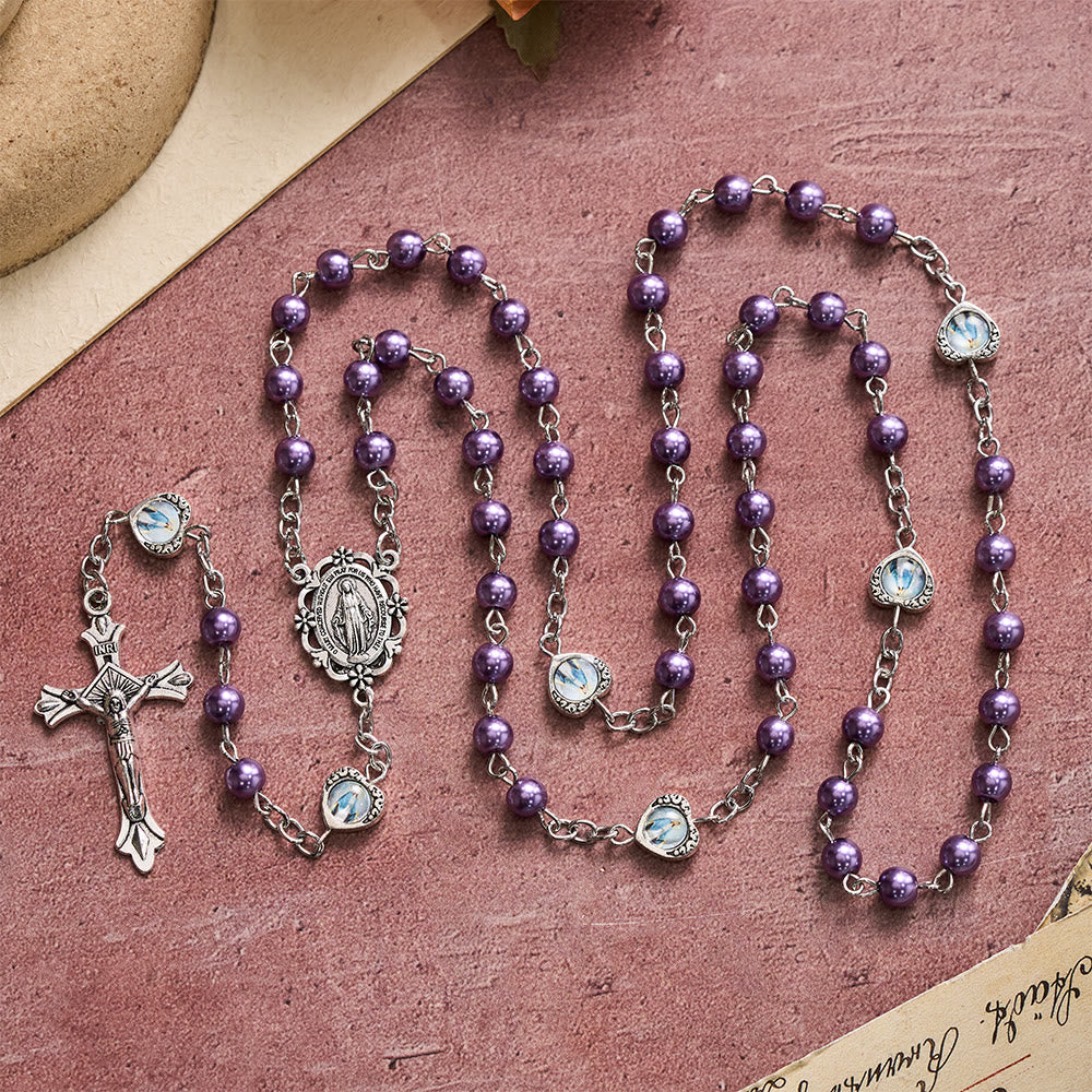 Multi-Tone Glossy Pearlescent Bead Heart Saint Portrait Prayer Rosary: Emblem of Gentle Heavenly Shelter