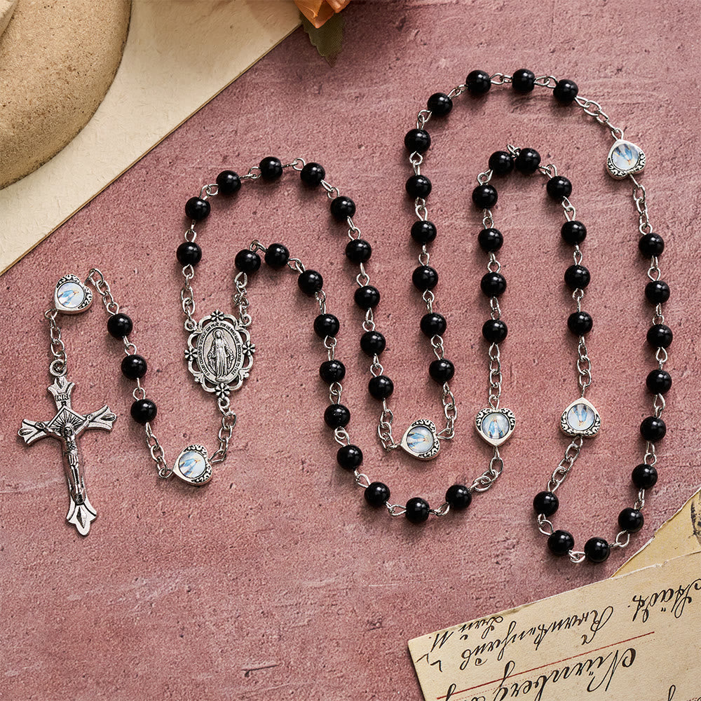 Multi-Tone Glossy Pearlescent Bead Heart Saint Portrait Prayer Rosary: Emblem of Gentle Heavenly Shelter