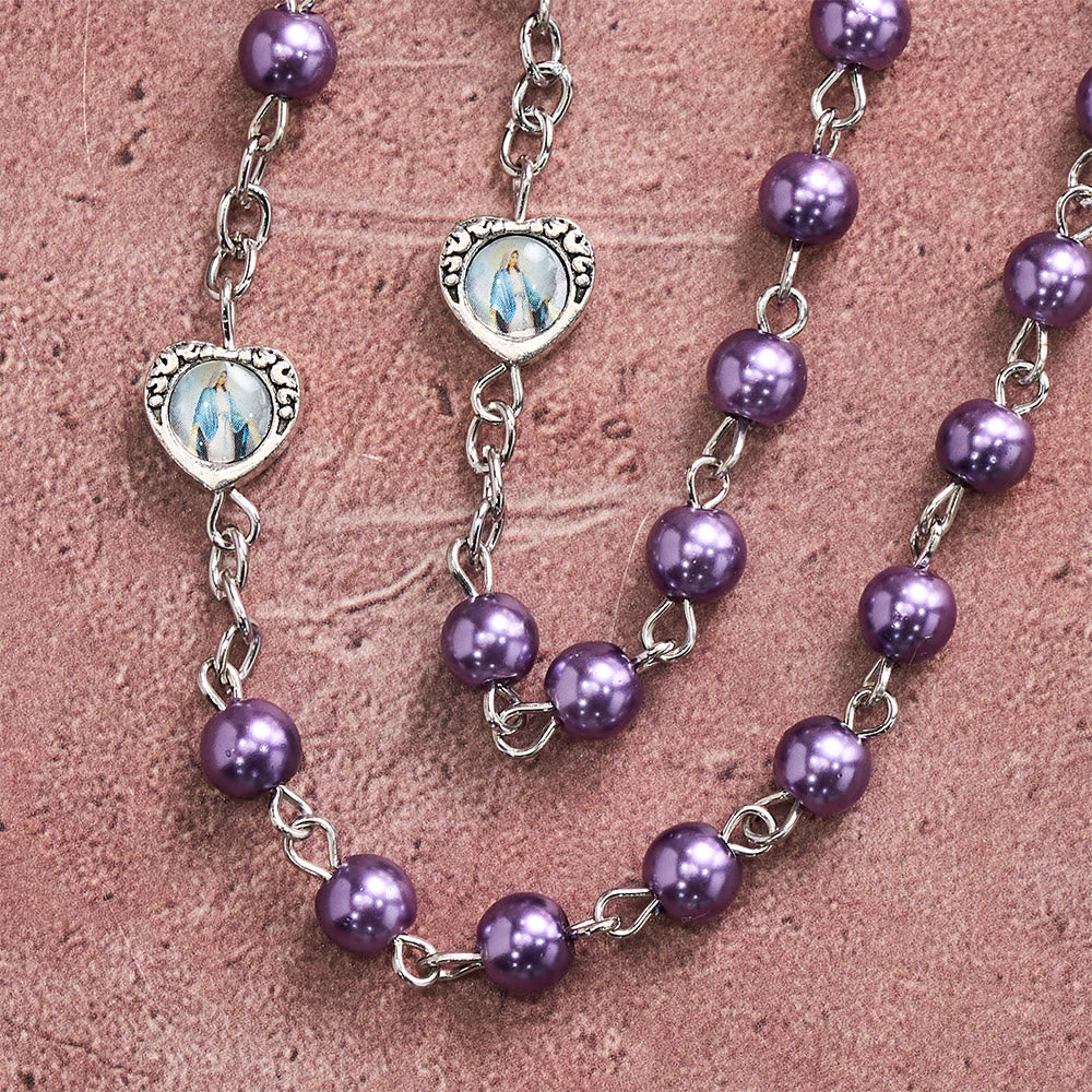 Multi-Tone Glossy Pearlescent Bead Heart Saint Portrait Prayer Rosary: Emblem of Gentle Heavenly Shelter