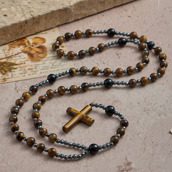 Tiger’s Eye & Obsidian Mixed Natural Stone Solid Cross Prayer Rosary: Emblem of Grounded Stabilizing Divine Grace