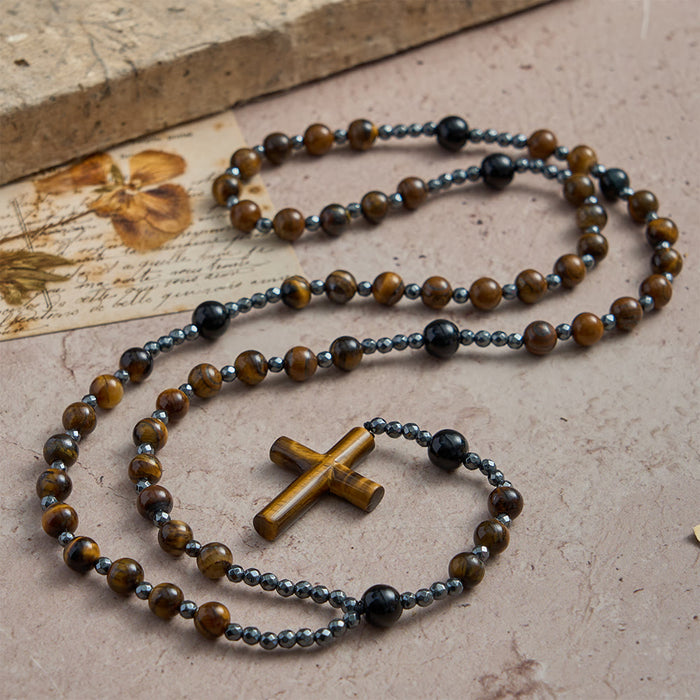 Tiger’s Eye & Obsidian Mixed Natural Stone Solid Cross Prayer Rosary: Emblem of Grounded Stabilizing Divine Grace