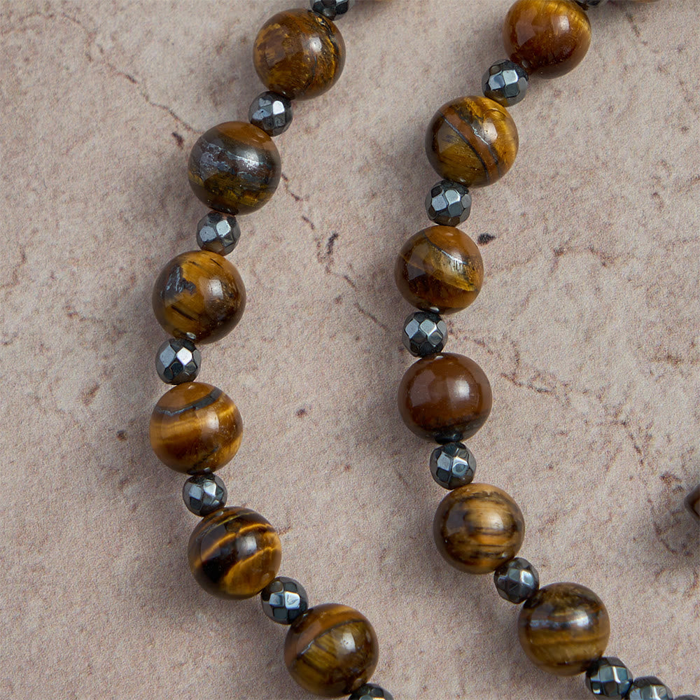 Tiger’s Eye & Obsidian Mixed Natural Stone Solid Cross Prayer Rosary: Emblem of Grounded Stabilizing Divine Grace