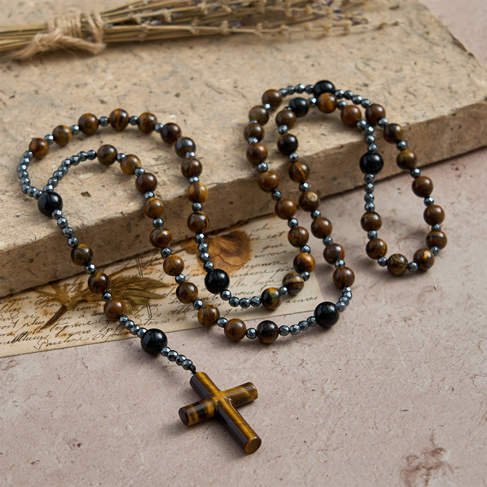 Tiger’s Eye & Obsidian Mixed Natural Stone Solid Cross Prayer Rosary: Emblem of Grounded Stabilizing Divine Grace