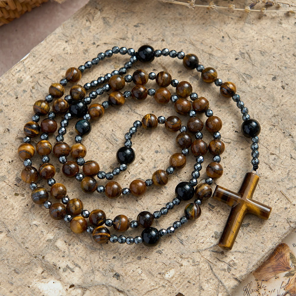 Tiger’s Eye & Obsidian Mixed Natural Stone Solid Cross Prayer Rosary: Emblem of Grounded Stabilizing Divine Grace