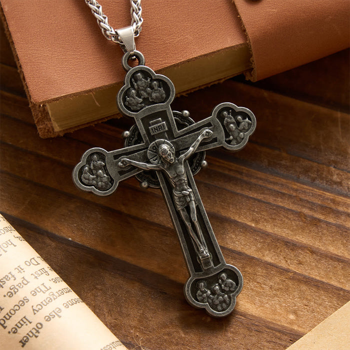 Four-Lobed Relief Vintage Crucifix Wheat Chain Necklace: Emblem of Sacrifice & Redeeming Mercy