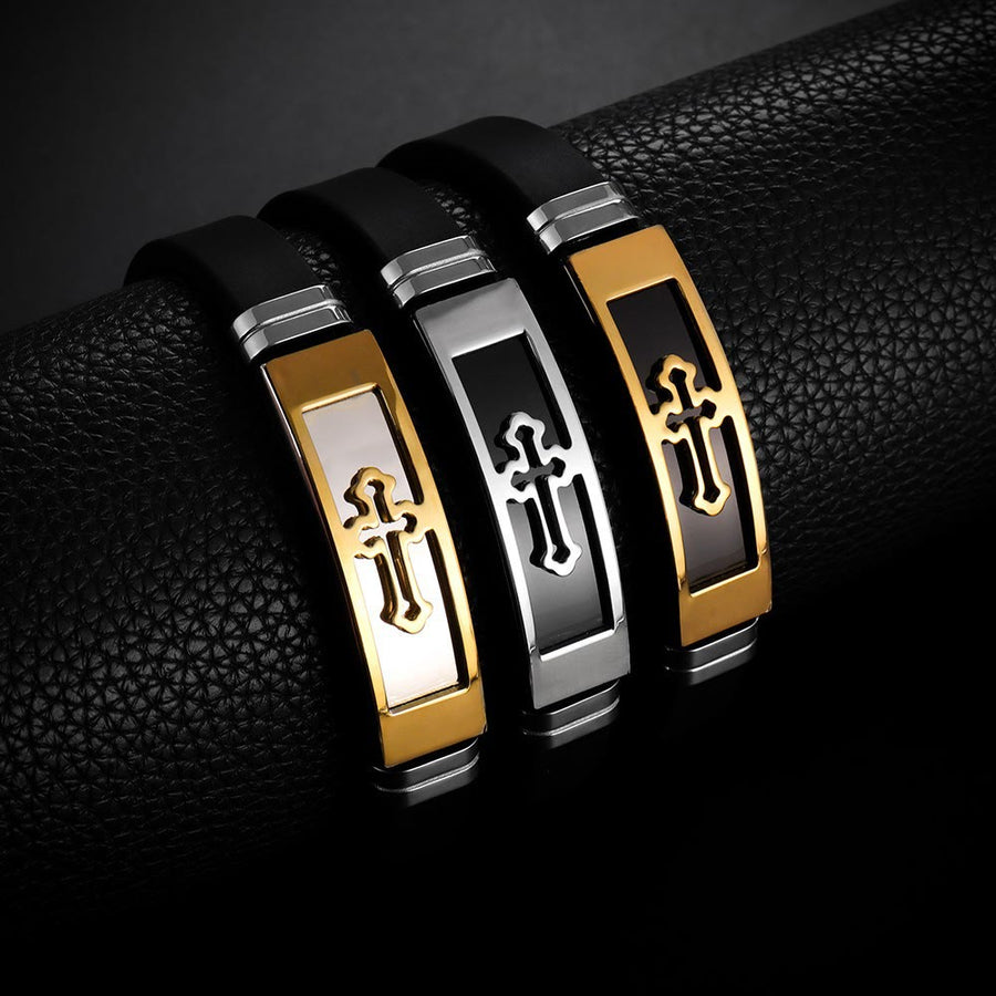 Hollow Cutout Cross Stainless Steel Silicone Wrist Bracelet: Emblem of Subtle Abiding Grace
