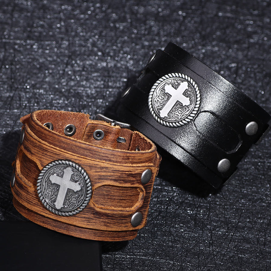 Vintage Leather Wide Cuff Embossed Cross Medallion Bracelet: Emblem of Grounded Steadfast Grace
