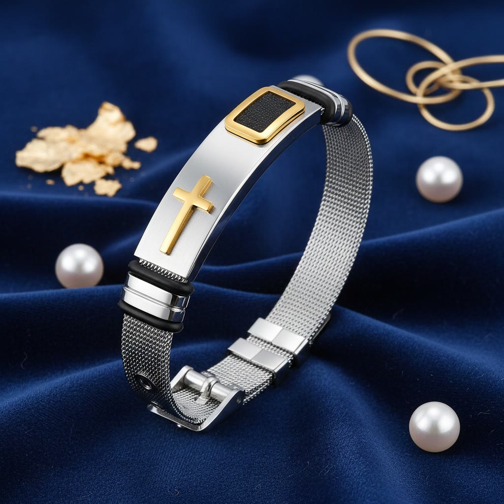 Two-Tone Raised Cross Mesh Stainless Steel Pin Buckle Bracelet: Emblem of Minimalist Abiding Grace