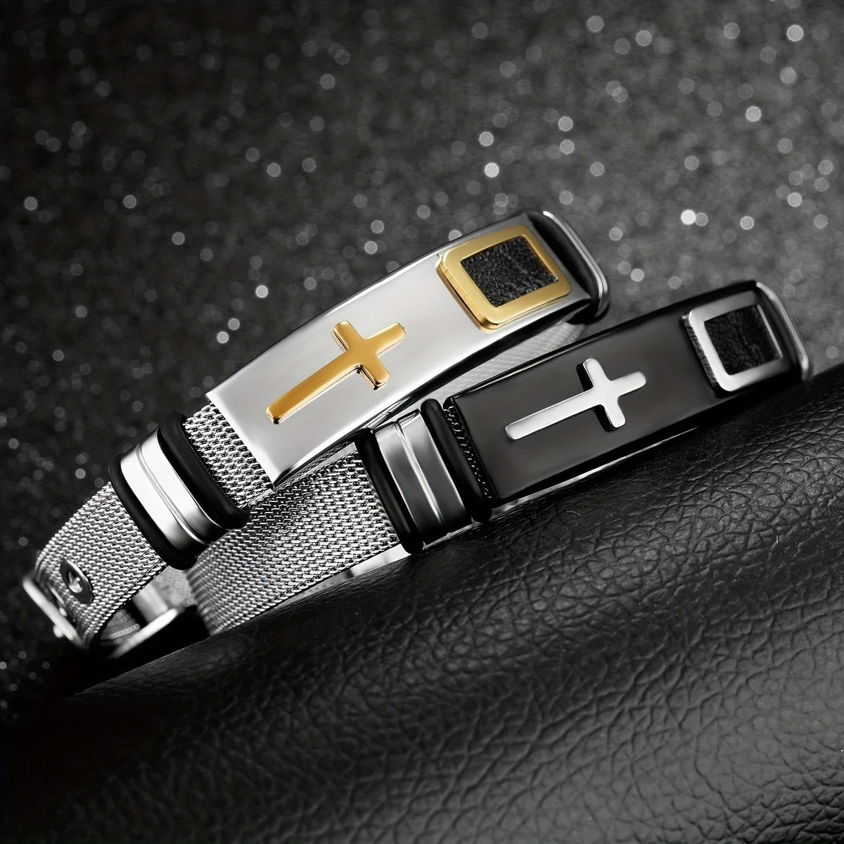 Two-Tone Raised Cross Mesh Stainless Steel Pin Buckle Bracelet: Emblem of Minimalist Abiding Grace