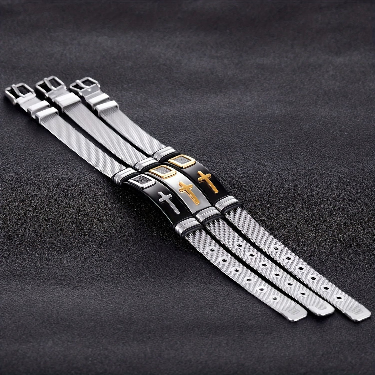 Two-Tone Raised Cross Mesh Stainless Steel Pin Buckle Bracelet: Emblem of Minimalist Abiding Grace
