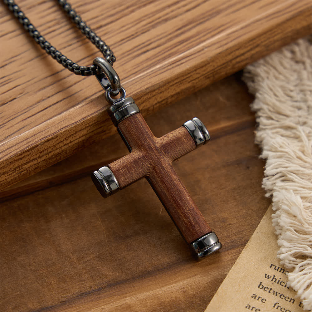 Minimalist Wood Cross Necklace with Sleek Metal Ends: An Emblem of Strength and Devotion
