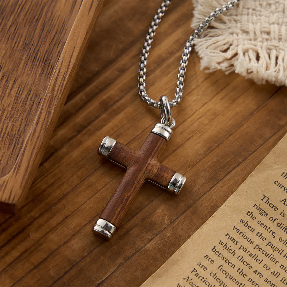 Minimalist Wood Cross Necklace with Sleek Metal Ends: An Emblem of Strength and Devotion