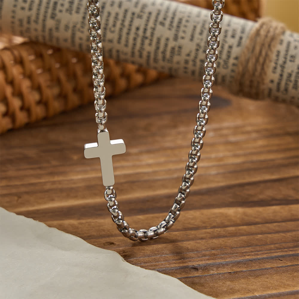 Sleek Stainless Steel Cross Necklace with Sideways Pendant: A Reminder of Divine Grace