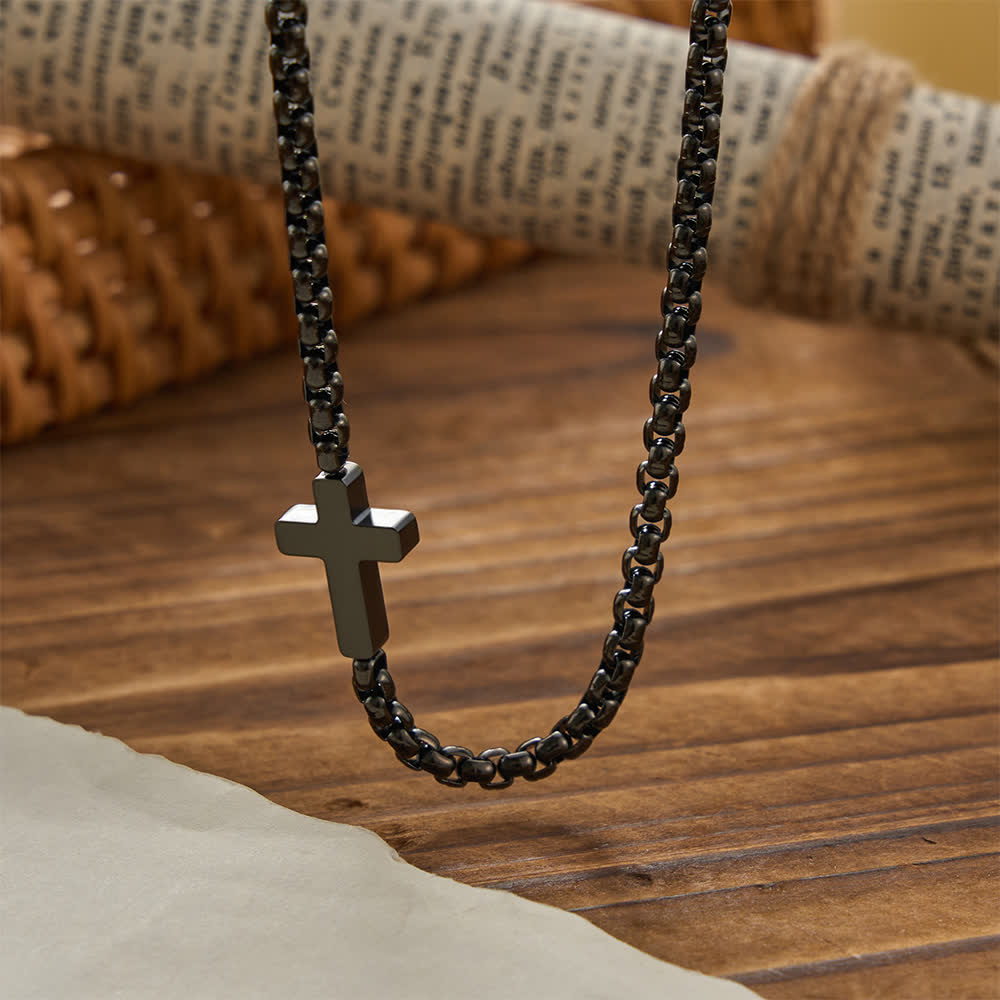 Sleek Stainless Steel Cross Necklace with Sideways Pendant: A Reminder of Divine Grace