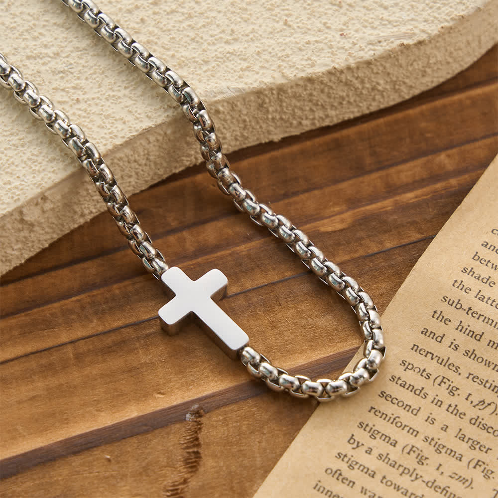 Sleek Stainless Steel Cross Necklace with Sideways Pendant: A Reminder of Divine Grace