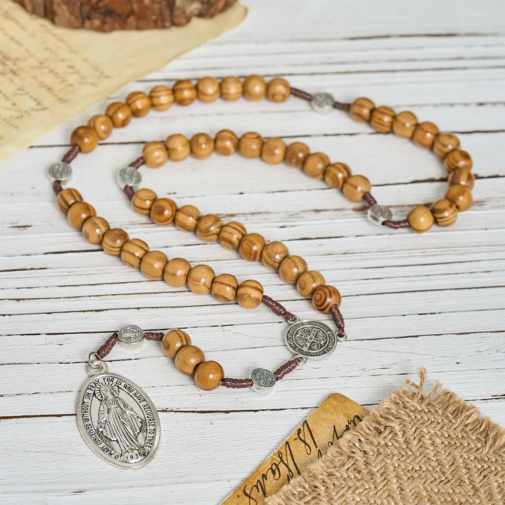 Natural Grain Wooden Bead Cord Rosary With St.Benedict / Our Lady / Finger Rosary Pendant